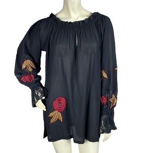 Roja Embroidered Long Sleeve Tunic Black Floral Rose Lace Off the Shoulder Sz S